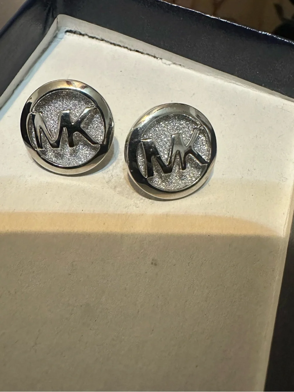 Michael Kors Silver Glitter MK Logo Stud Earrings